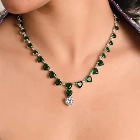 Silver Plated White Heart American Diamond CZ Necklace Set With Earring