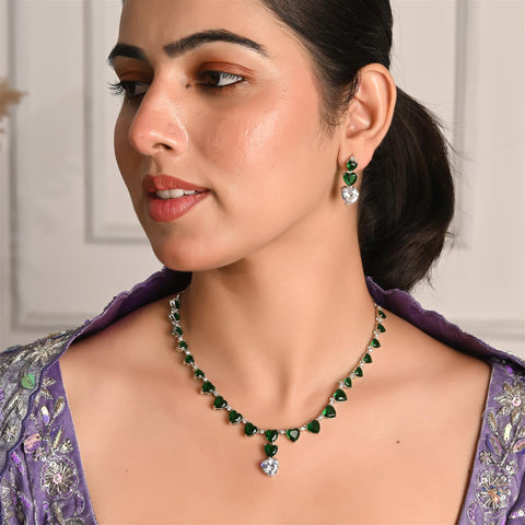Silver Plated White Heart American Diamond CZ Necklace Set With Earring