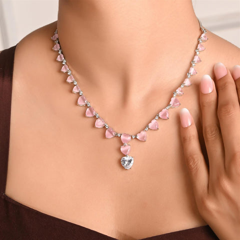 Silver Plated White Heart American Diamond CZ Necklace Set With Earring