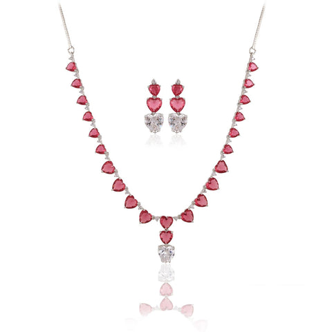 Silver Plated White Heart American Diamond CZ Necklace Set With Earring