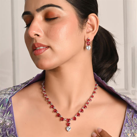 Silver Plated White Heart American Diamond CZ Necklace Set With Earring