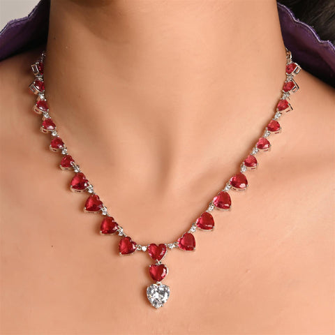 Silver Plated White Heart American Diamond CZ Necklace Set With Earring