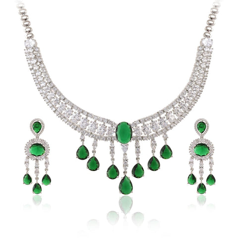 Silver Plated White Choket American Diamond CZ Wedding Necklace Set With Earring