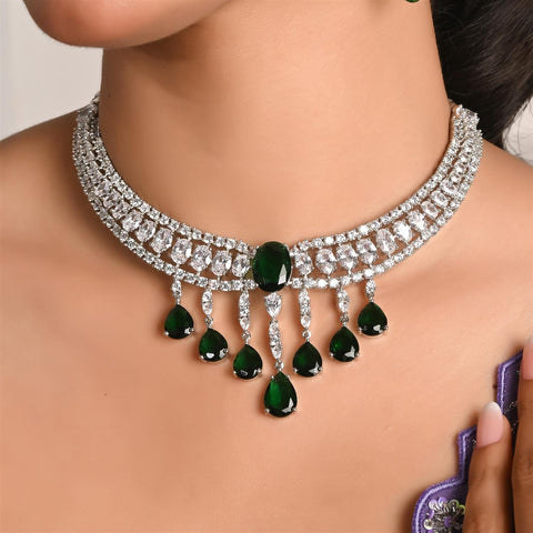 Silver Plated White Choket American Diamond CZ Wedding Necklace Set With Earring