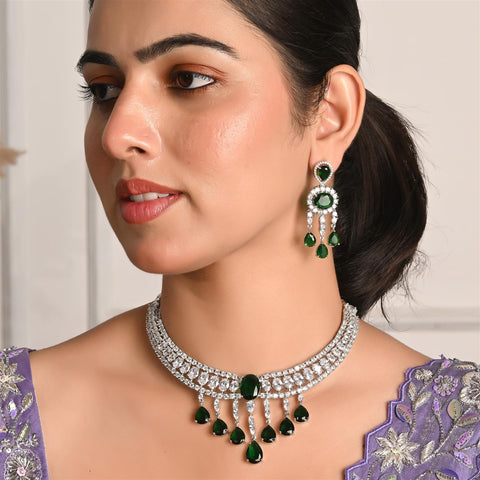 Silver Plated White Choket American Diamond CZ Wedding Necklace Set With Earring