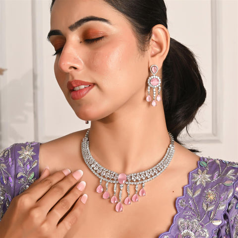 Silver Plated White Choket American Diamond CZ Wedding Necklace Set With Earring