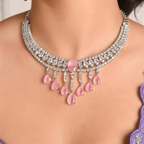 Silver Plated White Choket American Diamond CZ Wedding Necklace Set With Earring