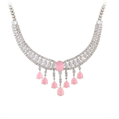 Silver Plated White Choket American Diamond CZ Wedding Necklace Set With Earring