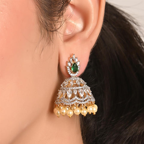 Stunning CZ Gold Silver Plated Jhumki Pearl Drop Earrings for Women