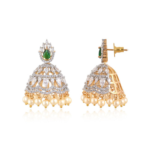 Stunning CZ Gold Silver Plated Jhumki Pearl Drop Earrings for Women