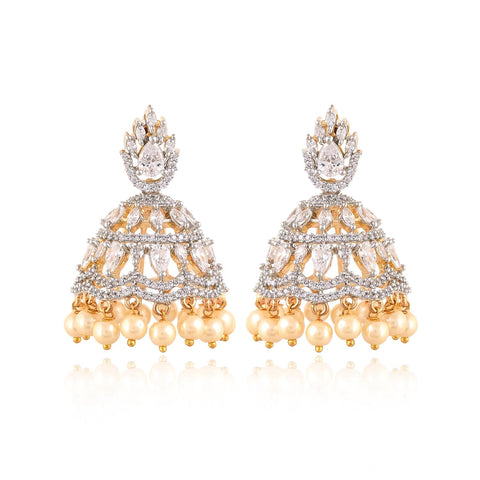 Stunning CZ Gold Silver Plated Jhumki Pearl Drop Earrings for Women