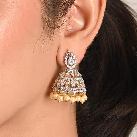 Stunning CZ Gold Silver Plated Jhumki Pearl Drop Earrings for Women