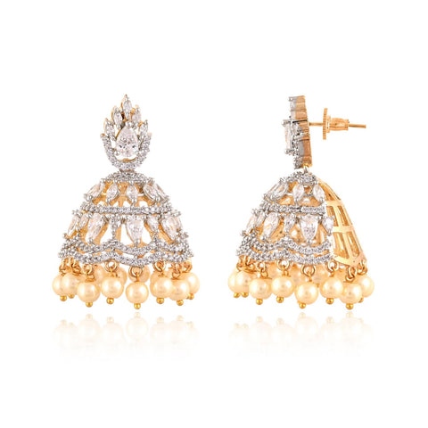 Stunning CZ Gold Silver Plated Jhumki Pearl Drop Earrings for Women