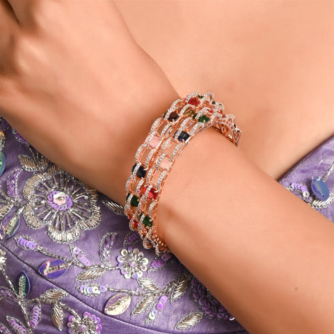 Rose Gold Plated Round Multi CZ American Diamond Bangle