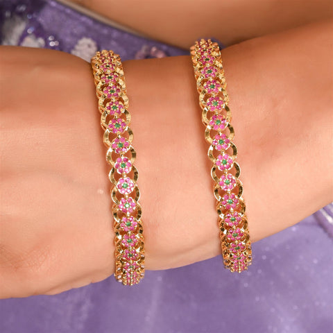 Gold Plated CZ Red Green Floral  American Diamond Kada Bangle