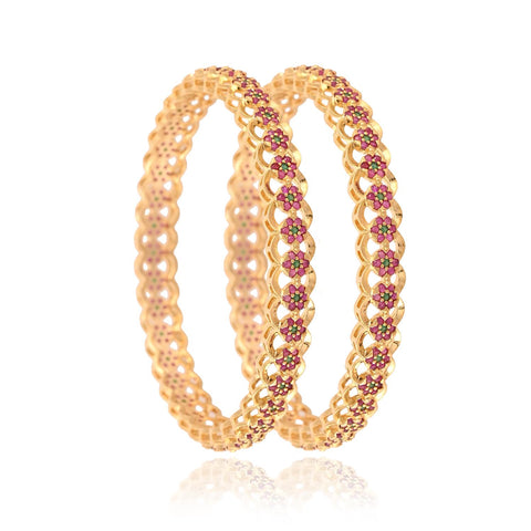 Gold Plated CZ Red Green Floral  American Diamond Kada Bangle