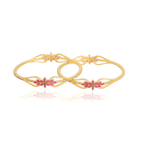 Gold Plated Multi CZ American Diamond Floral Designer Bangle