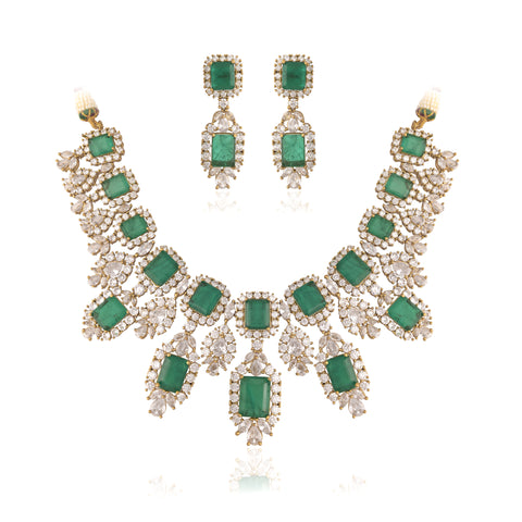 Classic Antique Plated Green American Diamond CZ Heavy Wedding Necklace Set