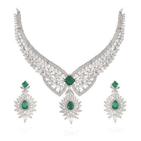 Timeless Classic Silver Plated Green American Diamond CZ Heavy Wedding Necklace Set