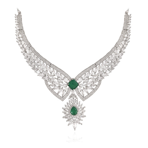 Timeless Classic Silver Plated Green American Diamond CZ Heavy Wedding Necklace Set