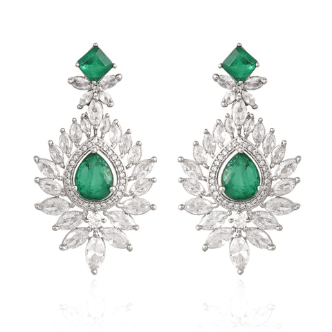 Timeless Classic Silver Plated Green American Diamond CZ Heavy Wedding Necklace Set