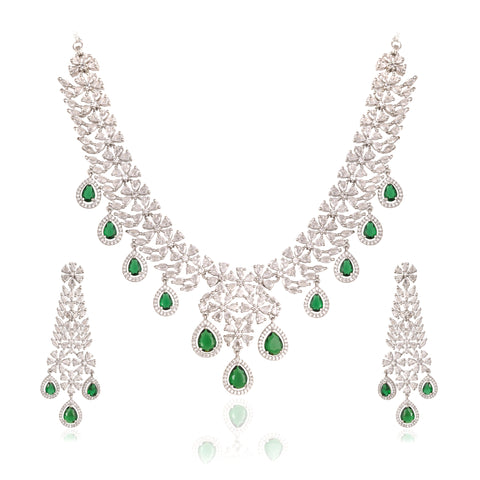 Timeless Classic Gold Plated Red American Diamond CZ Long Wedding Necklace Set