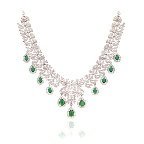 Timeless Classic Gold Plated Red American Diamond CZ Long Wedding Necklace Set