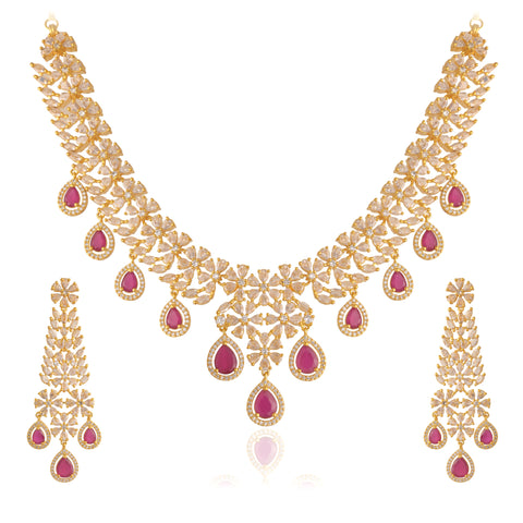 Timeless Classic Gold Plated Red American Diamond CZ Long Wedding Necklace Set