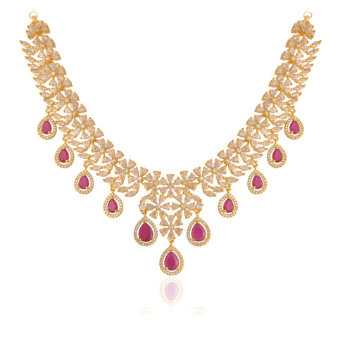 Timeless Classic Gold Plated Red American Diamond CZ Long Wedding Necklace Set