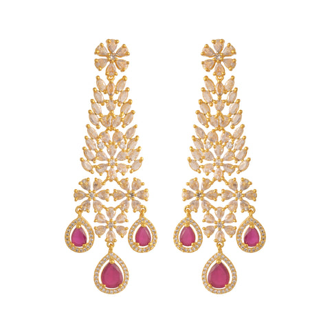 Timeless Classic Gold Plated Red American Diamond CZ Long Wedding Necklace Set