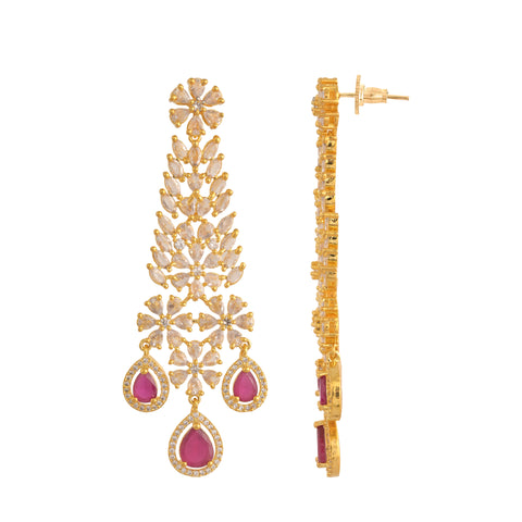 Timeless Classic Gold Plated Red American Diamond CZ Long Wedding Necklace Set