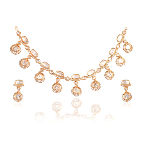 Gold Plated Kundan Drop Wedding Necklace Set With Earring