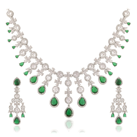 Timeless Classic Silver & Rose Plated Green Pink American Diamond CZ Heavy Wedding Necklace Set