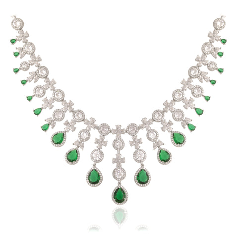 Timeless Classic Silver & Rose Plated Green Pink American Diamond CZ Heavy Wedding Necklace Set