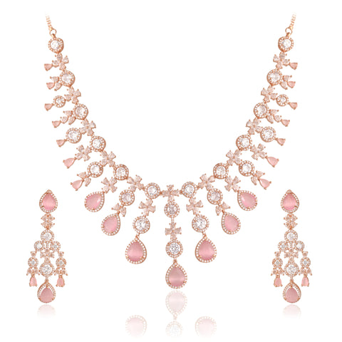 Timeless Classic Silver & Rose Plated Green Pink American Diamond CZ Heavy Wedding Necklace Set