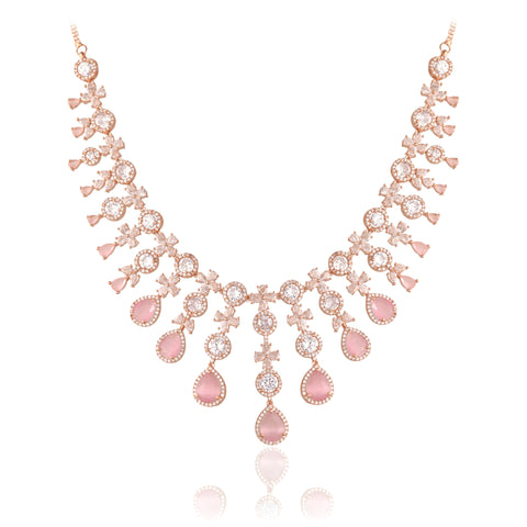 Timeless Classic Silver & Rose Plated Green Pink American Diamond CZ Heavy Wedding Necklace Set