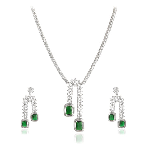 Timeless Classic Silver & Gold Plated Green Red American Diamond CZ Wedding Necklace Set