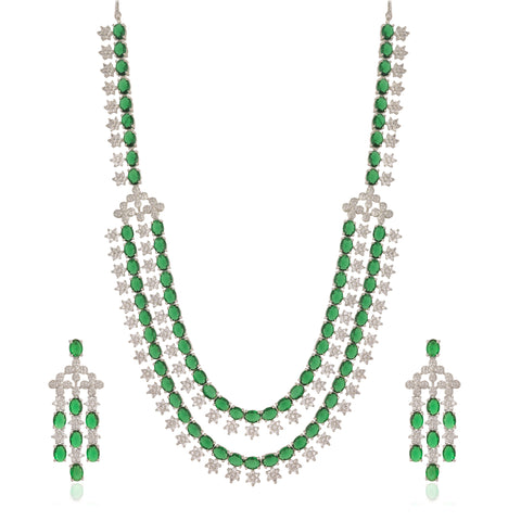 Timeless Classic Silver Plated Green American Diamond CZ Long Wedding Necklace Harr Set
