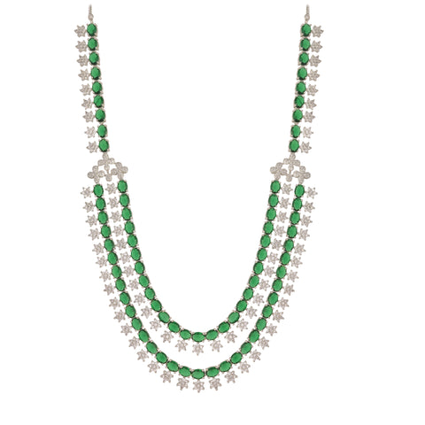 Timeless Classic Silver Plated Green American Diamond CZ Long Wedding Necklace Harr Set