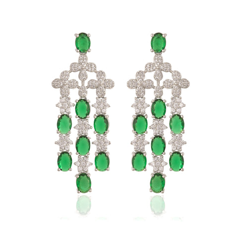 Timeless Classic Silver Plated Green American Diamond CZ Long Wedding Necklace Harr Set