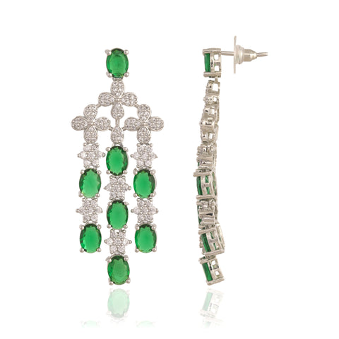 Timeless Classic Silver Plated Green American Diamond CZ Long Wedding Necklace Harr Set