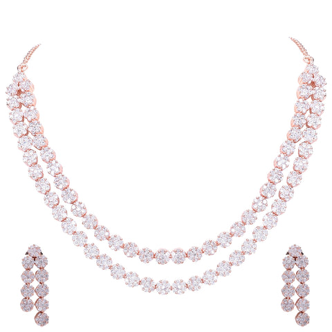 Gold Plated Amercian Diamond CZ Double Line Necklace Set With Earring