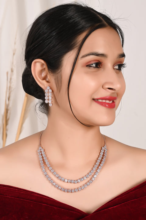 Gold Plated Amercian Diamond CZ Double Line Necklace Set With Earring