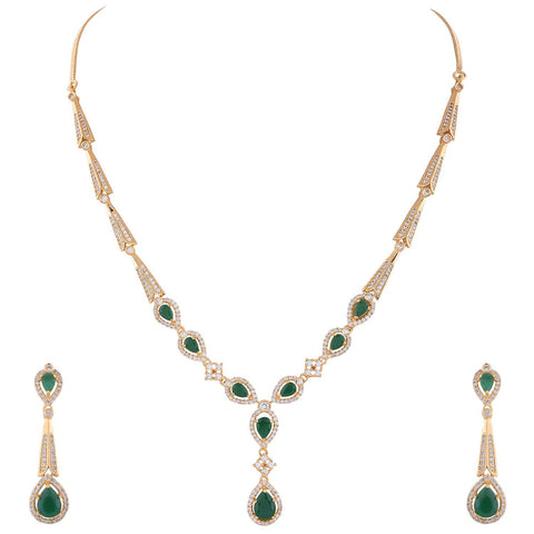 Gold Plated Green American Diamond CZ Drop Necklace Set With Earring
