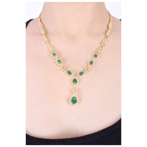 Gold Plated Green American Diamond CZ Drop Necklace Set With Earring
