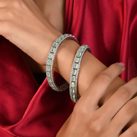 Silver Plated Mint Green CZ American Diamond Bangle Set