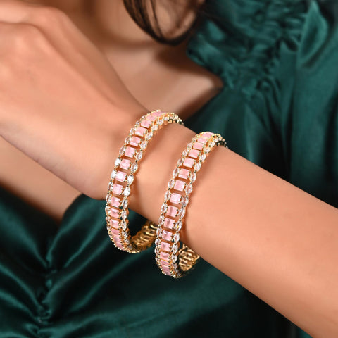 Gold Plated Baby Pink White Dual line CZ American Diamond Bangle
