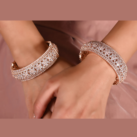 Rose Gold Plated White Floral American Diamond CZ Openable Kada Bangle