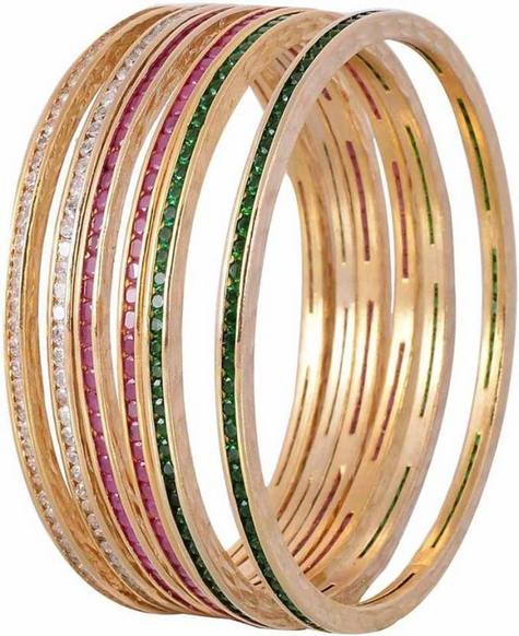 Gold Plated Multi Color 6 Pc American Diamond Channel Bangle Set