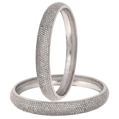 Silver Plated White Curved CZ American Diamond Bangle Set